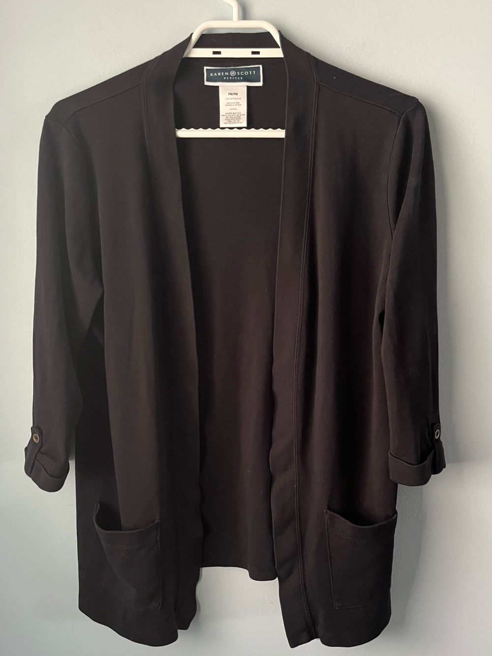 Karen Scott Black 100% Cotton Open-Front 3/4 Sleeve Cardigan Pockets Size MP